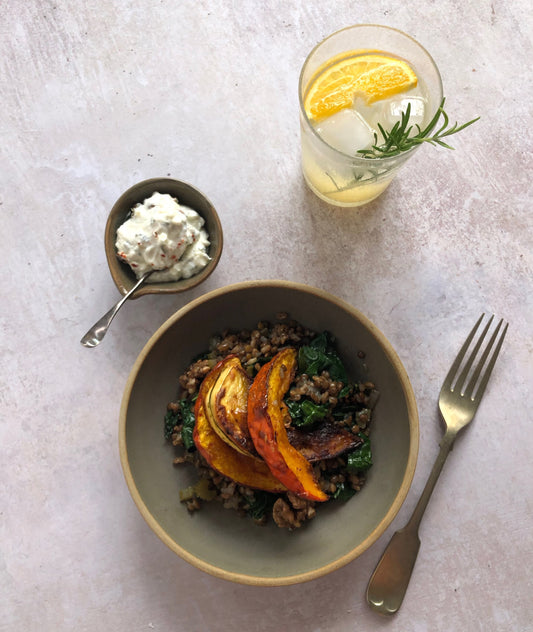 ROASTED SQUASH WITH EMMER WHEAT AND LENTIL PILAU